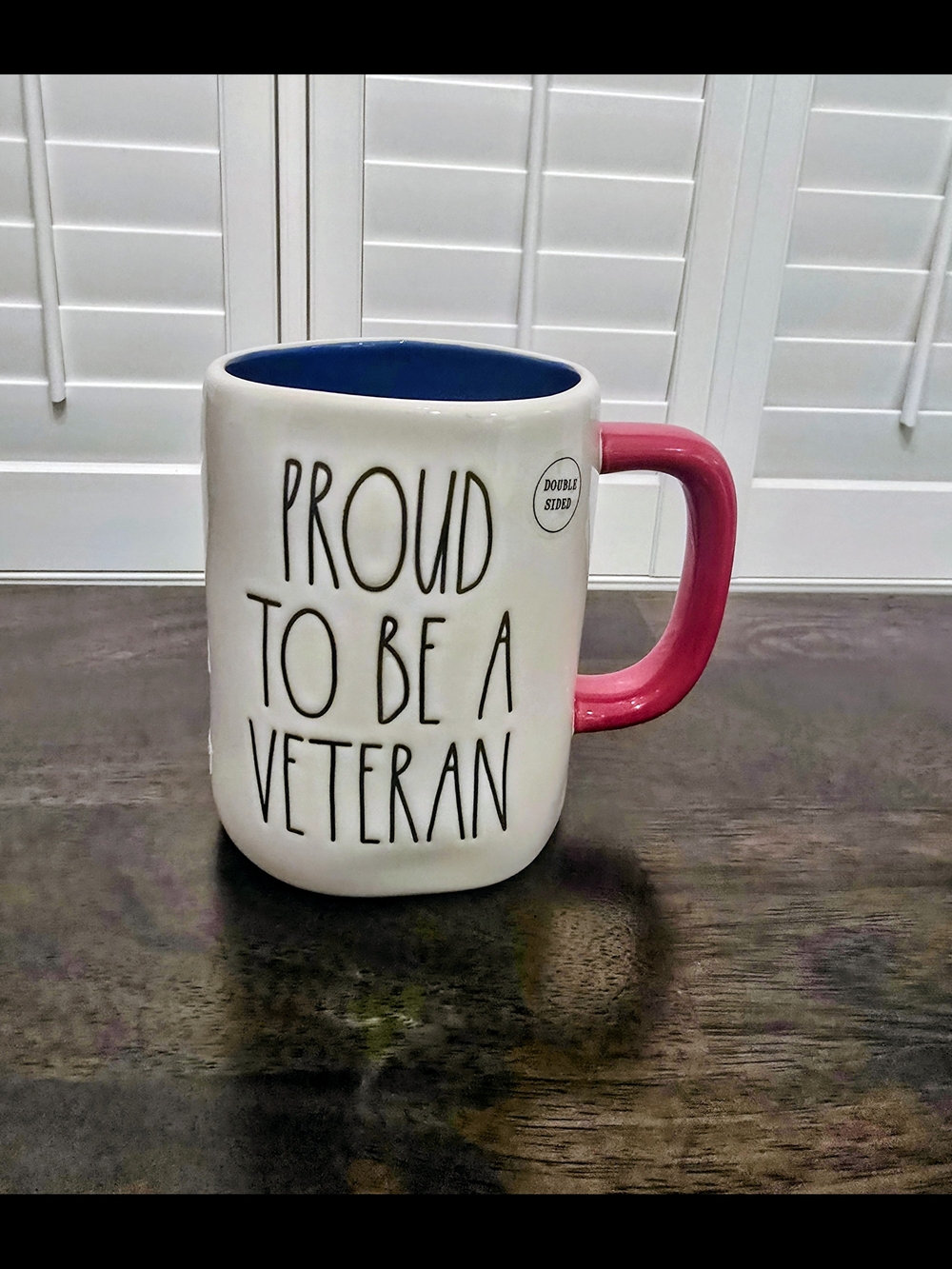 Rae Dunn 'Proud To Be A Veteran' Mug - White with Red Handle and Blue Interior